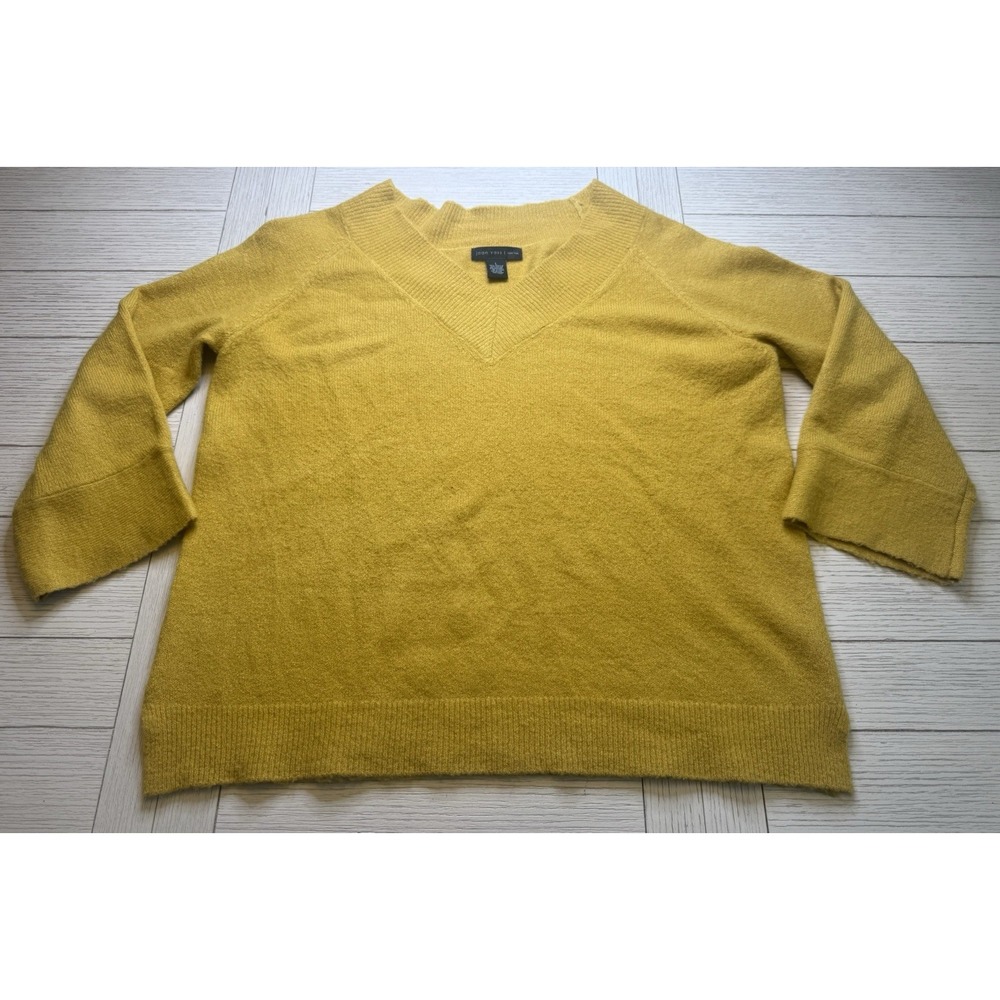 Joan Vass New York Mustard Yellow V Neck Boxy Knit Sweater W/ Bell Sleeves. Sz L
